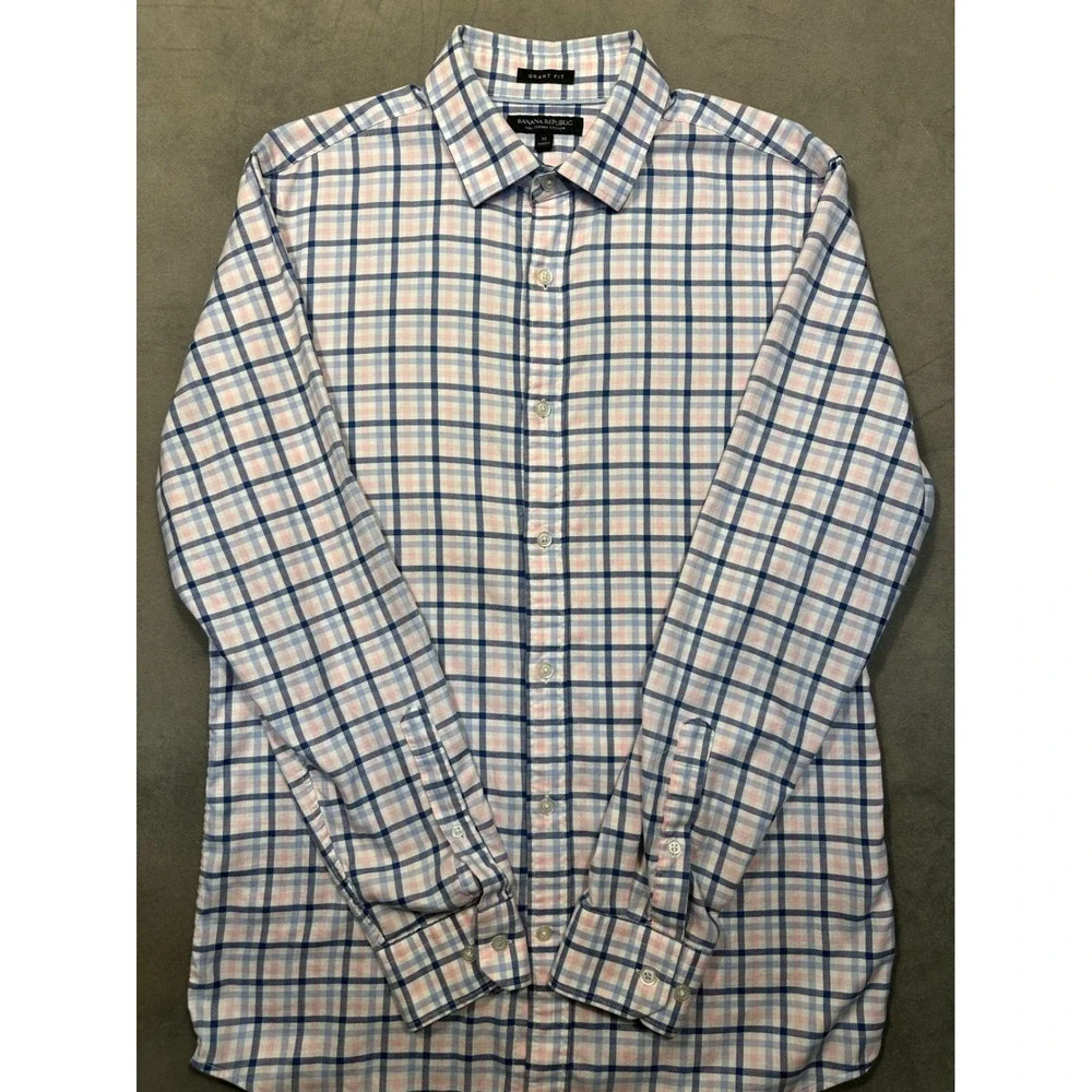 Banana Republic Grant Fit Plaid Button Down Shirt‎ Men's Medium Blue Pink White